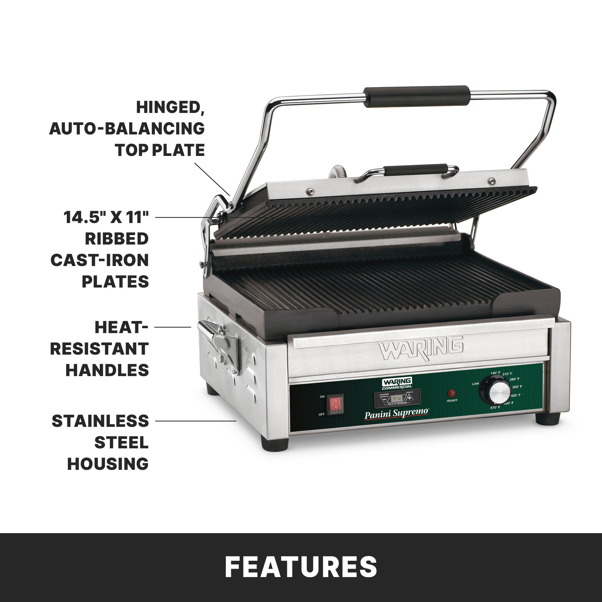 Ribbed Panini Grill with Timer, 14.5" x 11", 208 Volt